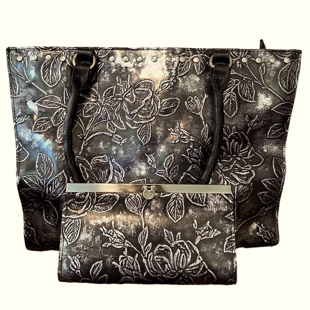 PATRICIA NASH Zoncona Tote & Cauchy Wallet Black/Silver Metallic Leather EUC
